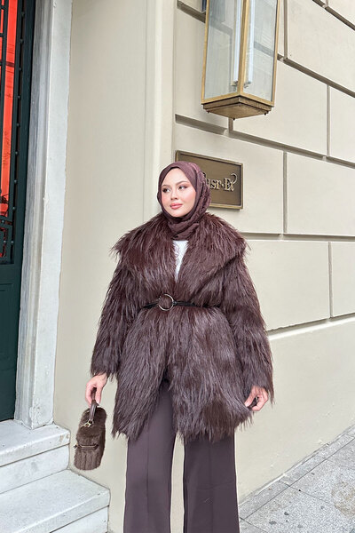 LOCCO Γυναικείο παλτό με λεπτομέρεια με ζώνη με δαχτυλίδι, καφέ πικρό