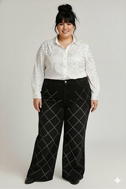 ELONİ Plus Size Jeans - High Waist Stretchy Wide Leg Diamond Pattern Stone Jeans