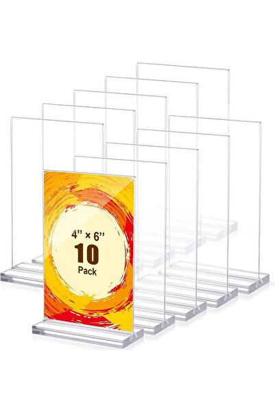 Slasa حامل لافتات أكريليك A6 (4.13 × 5.83 بوصة) 10 قطع حامل سطح طاولة على شكل حرف T مزدوج الجوانب