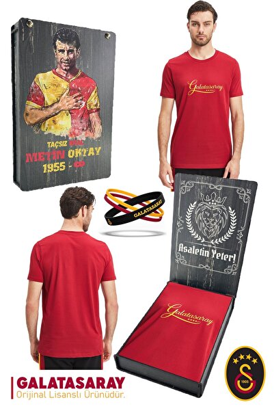 Galatasaray Original Licensed Red Men's T-Shirt + Bracelet Set Gift Wooden Box