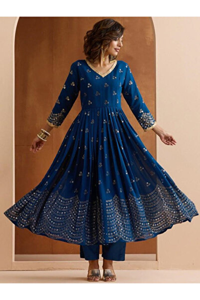 Ishin By Styli Blue Embroidered Georgette Kurta and Pant Set