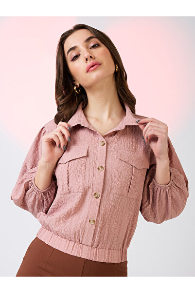 Globus By Styli Pink Textured Crop Shirt with Puffed Sleeves
