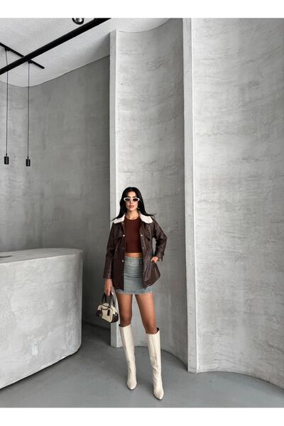 MODA Bej  Yakalı Belden Büzgülü Kahverengi Deri Trençkot