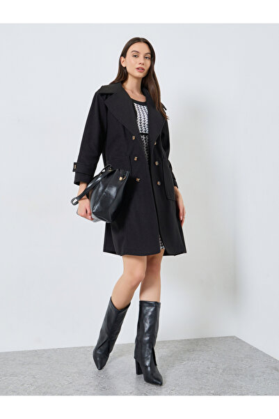 Take Two By Styli Black Double Breasted Wool Like Coat with Pocket Detail