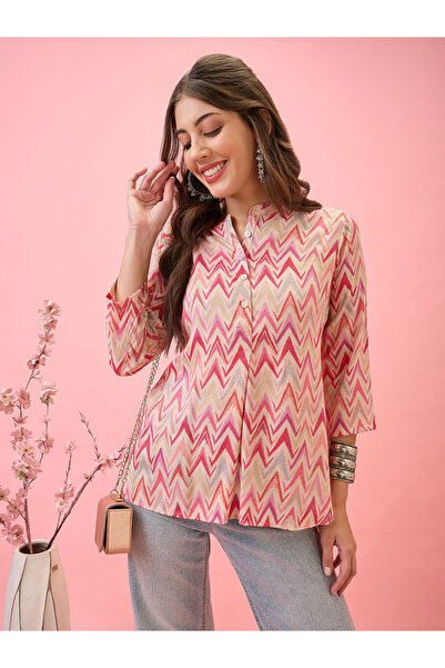 Globus By Styli Chevron Print Mandarin Collar Workwear Tunic