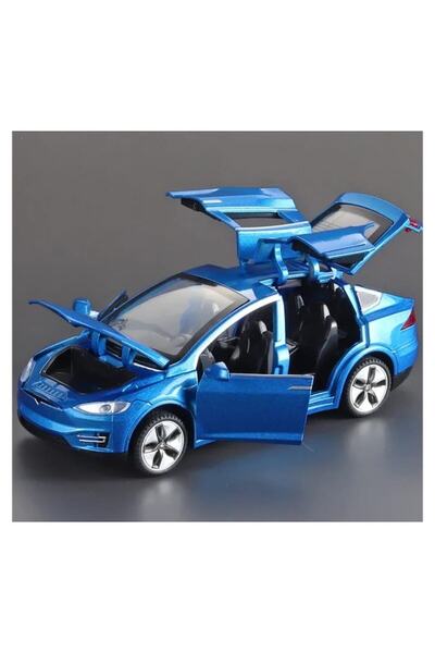 OEM Metal Toy Car Tesla 3V, 1:28 Scale, Sounds, Opening Doors/Hood/Trunk, Blue, 15 cm
