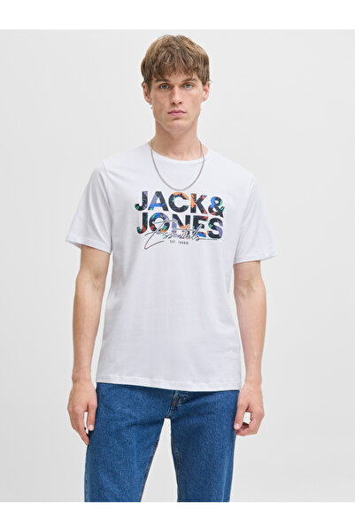 Jack & Jones Men White Graphic Logo Crew Neck T-Shirt