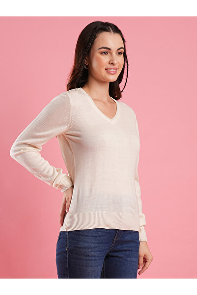 Globus By Styli Women Off White Ribbed Hem Knitted Sweater