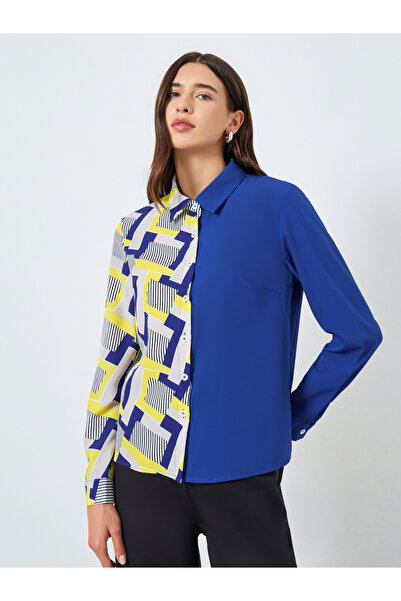 Take Two By Styli Blue Color Block Printed Long Sleeve Shirt