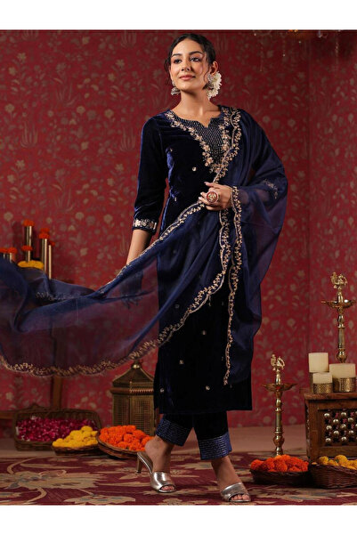 Ishin By Styli Navy Blue Velvet Kurta with Pants and Dupatta Set