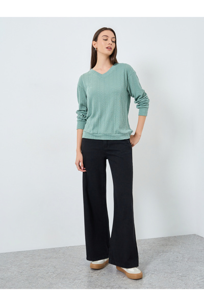 Take Two By Styli Teal Textured Long Sleeves Top