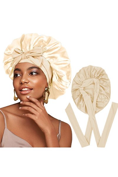 OEM Satin sleep cap, adjustable straps for a secure fit, protects curly, wavy, or straight hair, beige