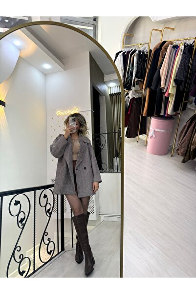Butik Kahveli krem balık sırtı model blazer ceket