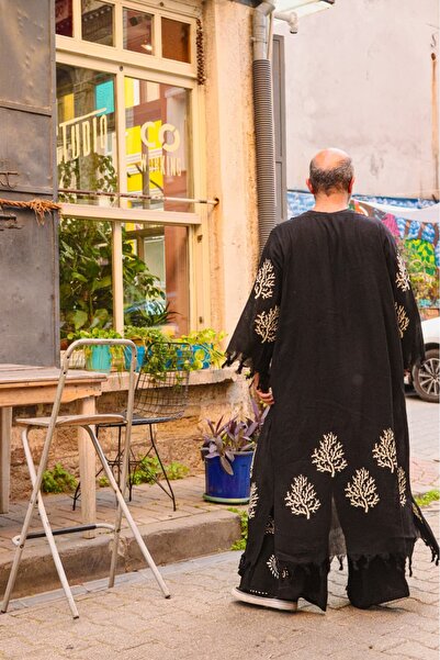 Oiki Mercan Desenli El Baskılı Uzun Siyah Renk Pamuklu Unısex Kimono