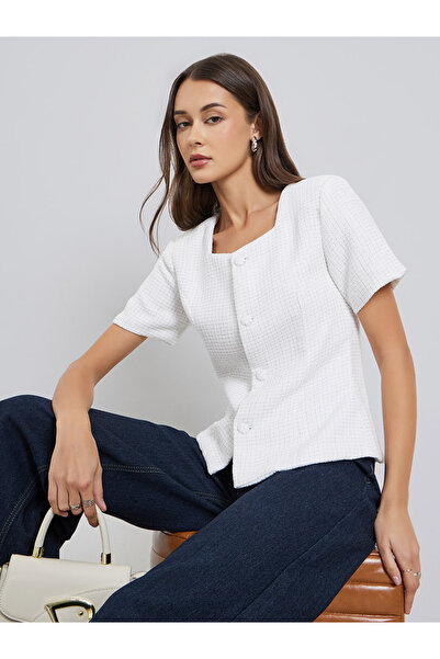 Styli Off White Tweed Look Buttoned Top