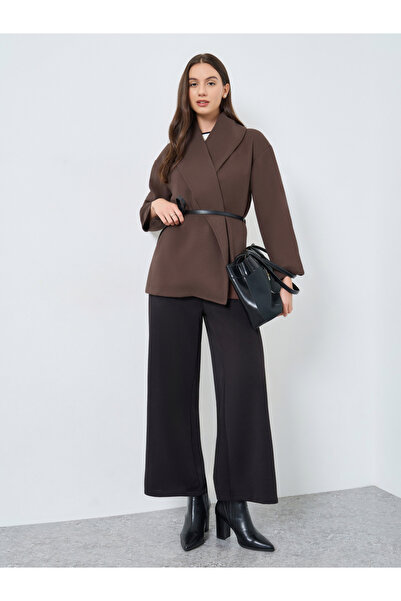 Take Two By Styli Brown Wool Like Belted Wrap Coat
