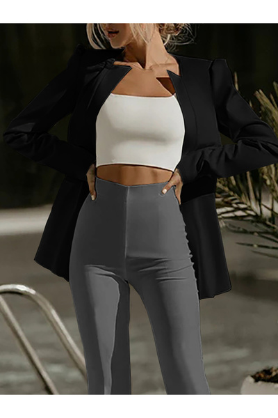 Take Two By Styli Black Long Sleeves Peplum Blazer