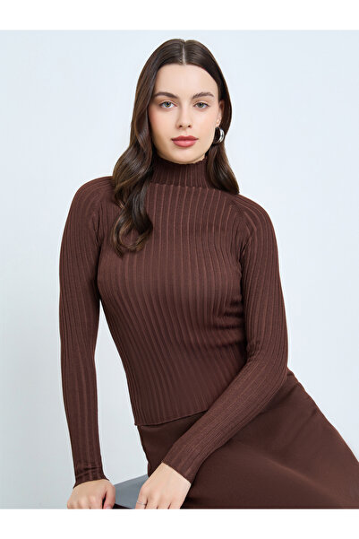 Styli Brown High Neck Ribbed Long Sleeve Top