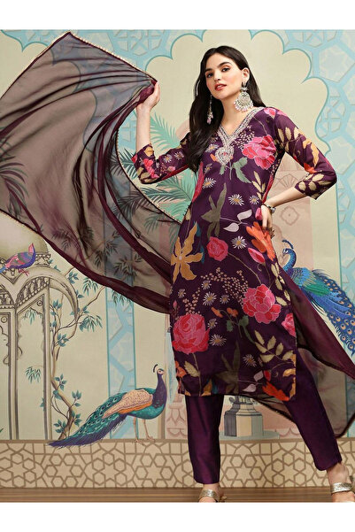 Ishin By Styli Purple Floral Print Kurta with Pant and Dupatta Set