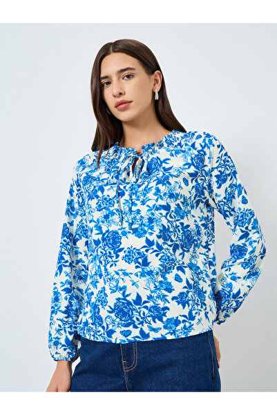 Take Two By Styli Floral Printed Tie-Up Neck Puff Sleeve Top