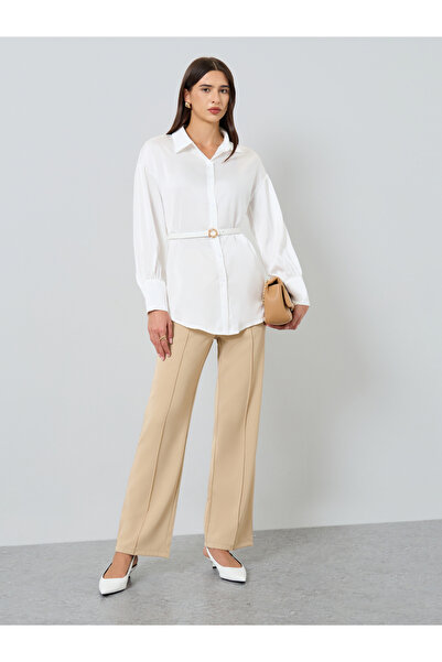 Take Two By Styli Women Solid Belted Lantern Sleeve Shirt