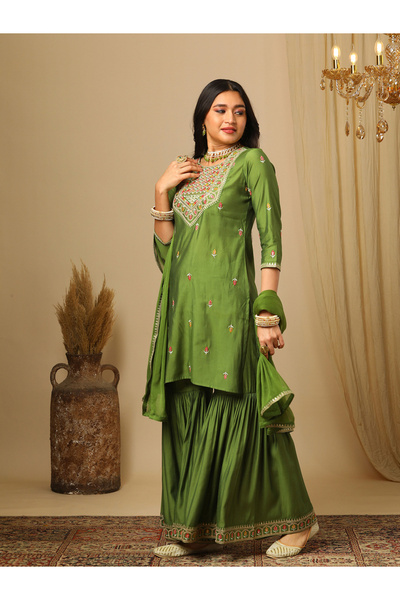 Globus By Styli Green Floral Embroidered Kurta with Sharara and Lace Detail Dupatta Set