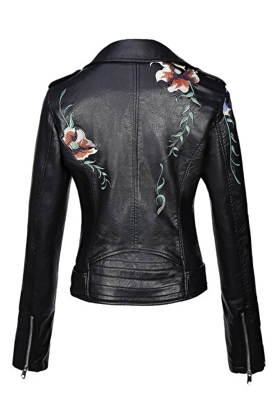 Take Two By Styli Black Floral Embroidered Biker Jacket