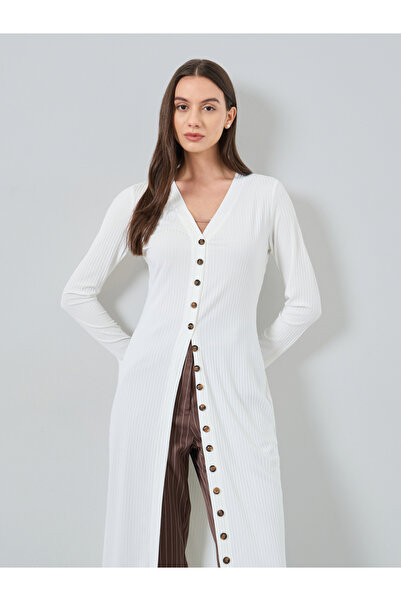 Take Two By Styli White Knitted Cardigan with Button Placket