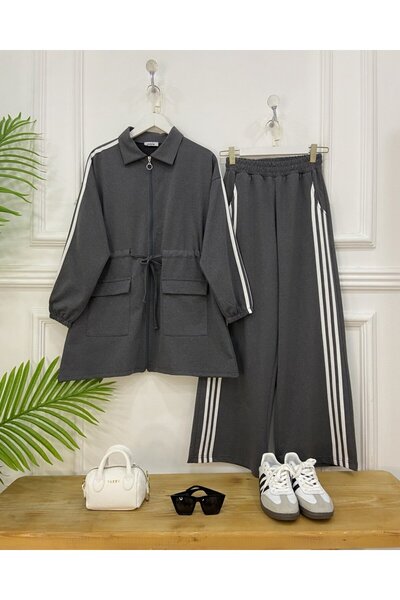 onix anika fermuarlı şeritli pantolonlu tesettür eşofman takım füme