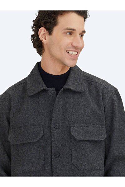 Kip Anthracite Plain Regular Fit Woven Overshirt