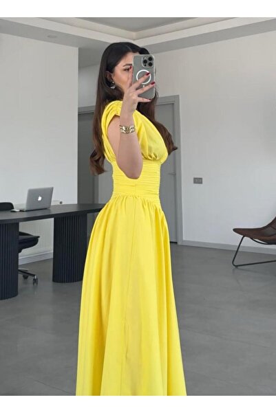 l o v m i Women's Poplin Fabric Waist Ruched Detail Pinterest Long Piremium Elegant Dress