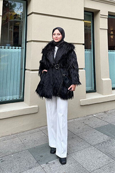 LOCCO Palton de damă cu detaliu curea inelară negru