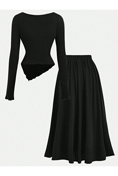 Take Two By Styli Solid Cowl Neck Top and Elastic Waist Skirt Co-Ords