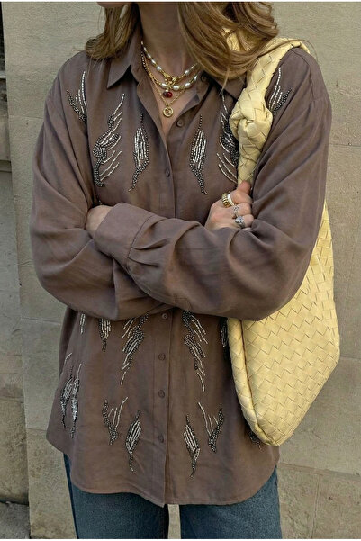 FEMELLE Brown Oversized Shirt with Beading (Compatible with Size 48 and Below)
