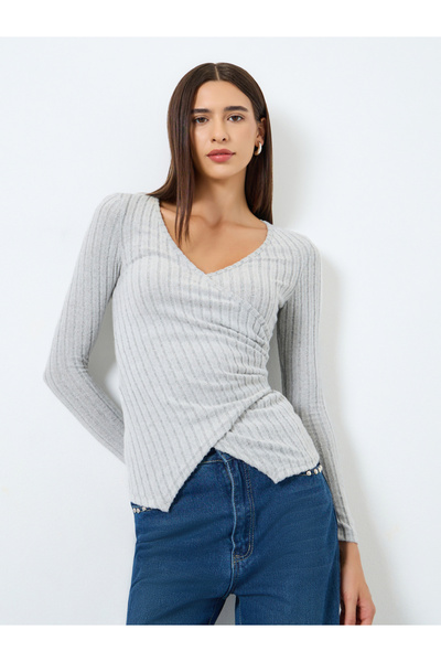 Take Two By Styli Solid V-Neck Long Sleeve Ribbed Wrap Top