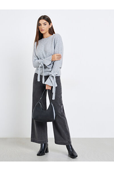 Take Two By Styli Women Grey Solid Bow Detail Flared Cuff Sweater