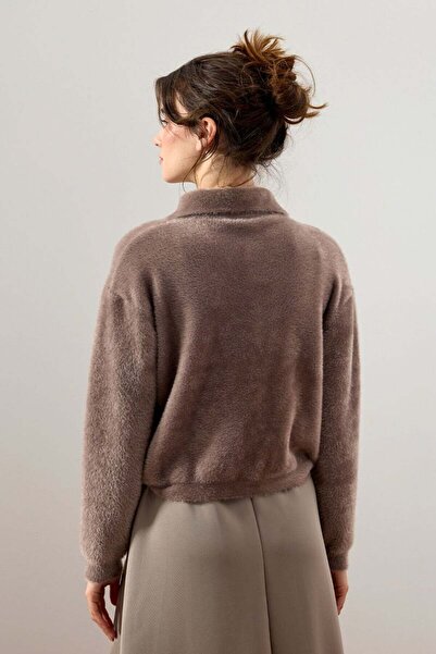 Ceylan Otantik Mink Polo Neck Plush Cardigan