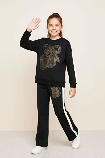 MODANINO Girl's Stone Embroidered Cherry and Bow Patterned-2 Thread-Top and Bottom Set-5-12 Years Old 12445