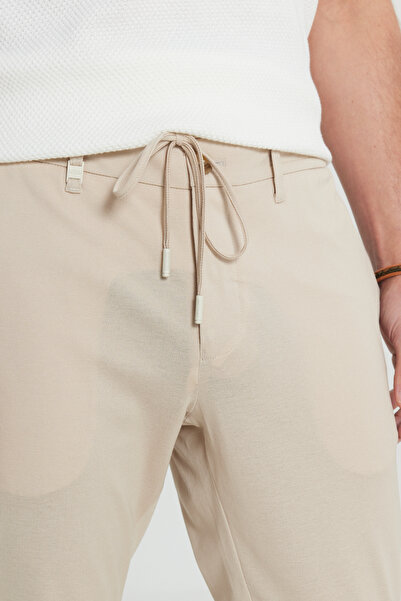 ALTINYILDIZ CLASSICS Ανδρικό μπεζ βαμβακερό παντελόνι εφαρμοστό με λεπτή εφαρμογή, δεμένη μέση, ελαστικό παντελόνι με πλαϊνές τσέπες