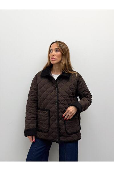 Maldia Shop Women's Vera Velvet Collar Brown Quilted Coat