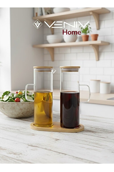 VENİV HOME وعاء زيت من البوروسيليكات مع غطاء من الخيزران + قاعدة من الخيزران،...