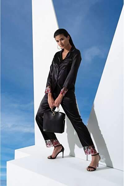 FOR YOU MODA 6-teiliges schwarzes Satin-Pyjama-Set