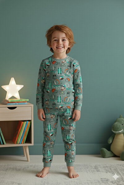ROSAMİNA Little Explorer Dino 100% Cotton Boys' Pajama Set