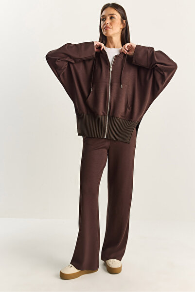 Bianco Lucci Women's Ribbed Oversized Hooded Zippered Sweat Wide Leg Comfort Pants Set 4038 60283855