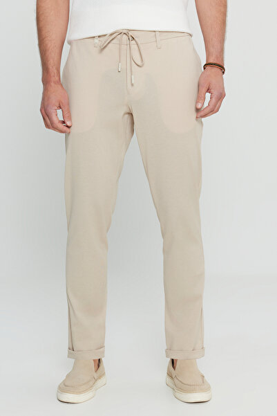 ALTINYILDIZ CLASSICS Ανδρικό μπεζ βαμβακερό παντελόνι εφαρμοστό με λεπτή εφαρμογή, δεμένη μέση, ελαστικό παντελόνι με πλαϊνές τσέπες