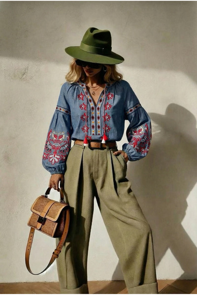 FEMELLE Women's Blue Vintage Blouse with Floral Embroidery on the Sleeves and Collar