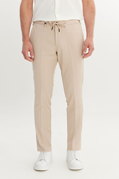 ALTINYILDIZ CLASSICS Ανδρικό μπεζ παντελόνι εφαρμοστό με λεπτή εφαρμογή, δεμένη μέση και πλαϊνές τσέπες