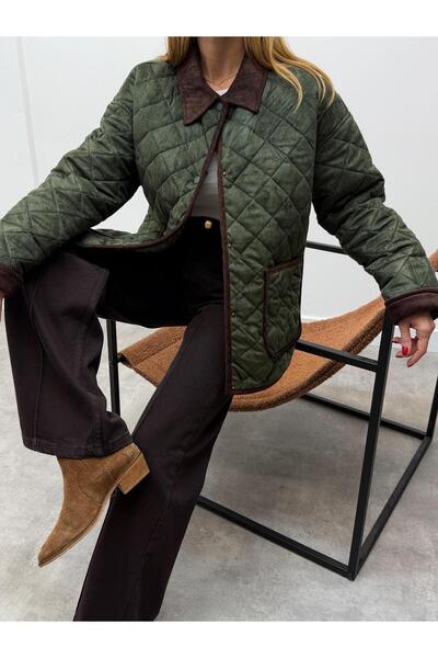 Maldia Shop Women's Vera Velvet Collar Khaki Quilted Coat