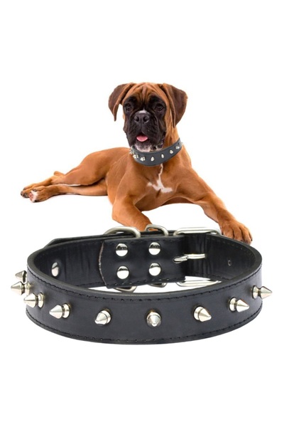 VERK Spiked dog collar, black, eco-leather