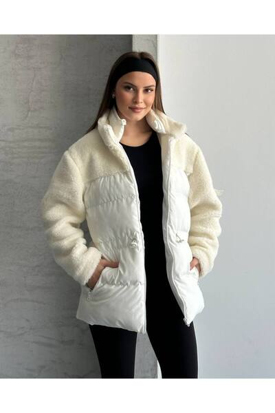 ZF BUTİK Plush Detailed Puffer Coat with Elastic Waist